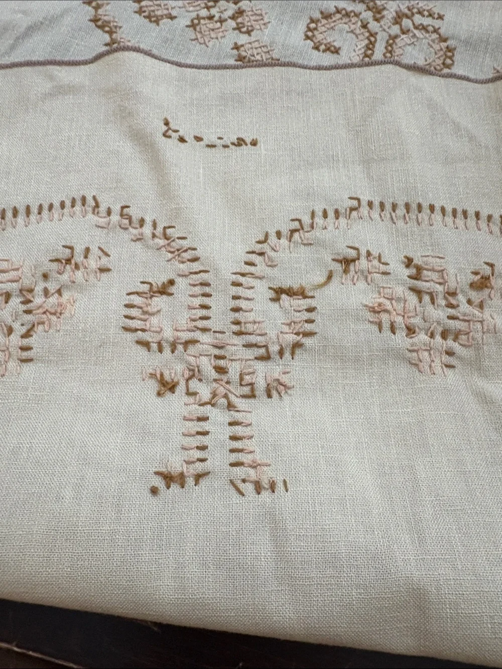 Handmade Oval Cream Cross-stitch Tablecloth with Tan Scrolls